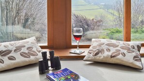 Un siège près de la fenêtre avec des jumelles, un verre de vin rouge et un livre intitulé « Les oiseaux de Grande-Bretagne ».
