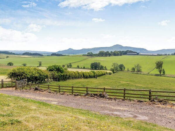A rural landscape with rolling green fields, a wooden fence, and distant mountains under a clear sky.