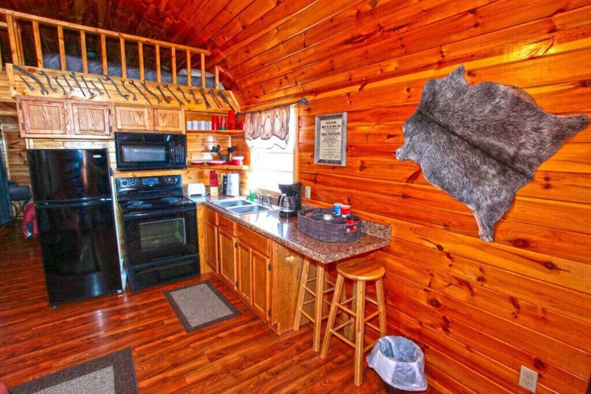 A log cabin-style kitchen with wooden walls, a mounted fur piece, and modern appliances.