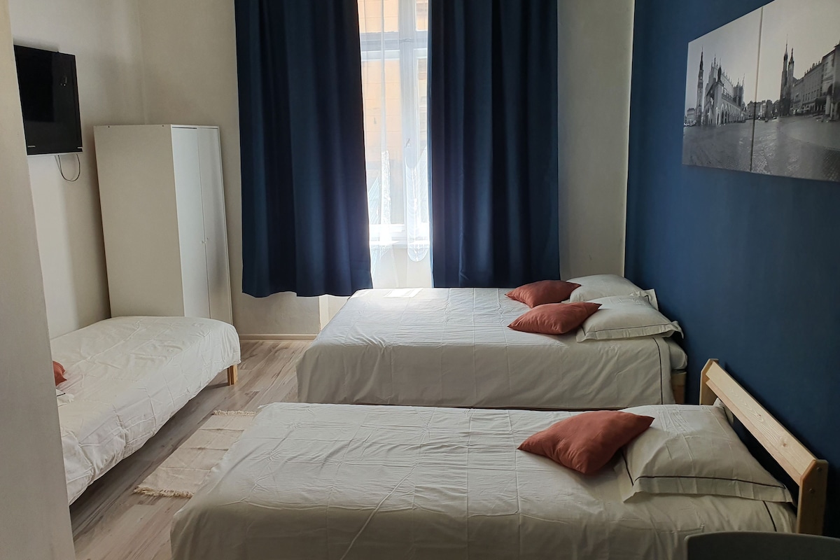 Quarto com duas camas, um guarda-roupa e um quadro na parede.
