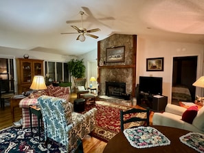 Smart TV, fireplace, books