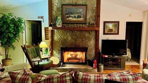 Una Smart TV, una chimenea, libros