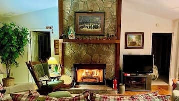 Una Smart TV, una chimenea, libros