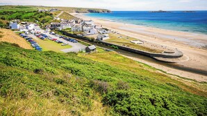A coastal town with a marina, beach, and houses.