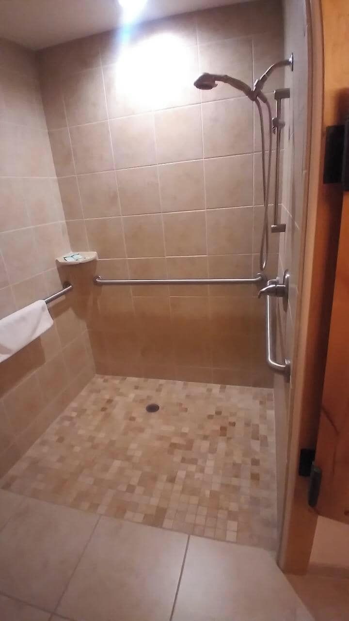 A shower area with a tiled floor, a handheld showerhead, and a grab bar.