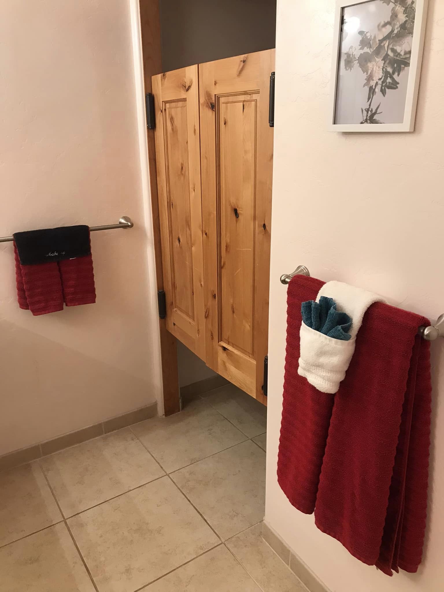 Une salle de bain avec une porte en bois, un porte-serviettes avec des serviettes rouges et un tableau encadré au mur.