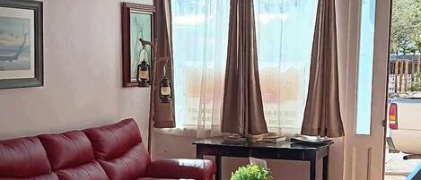 A room with a red sofa, a small table with a plant, a TV, and large windows with curtains.