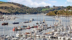 A marina filled with various boats and yachts, surrounded by hills and a clear sky. - 2 bedroom accommodation in Kingswear (Kingswear)