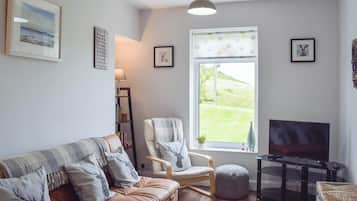 A living room with a brown leather sofa, a wooden chair, a television, and a window with a view of a grassy hill.