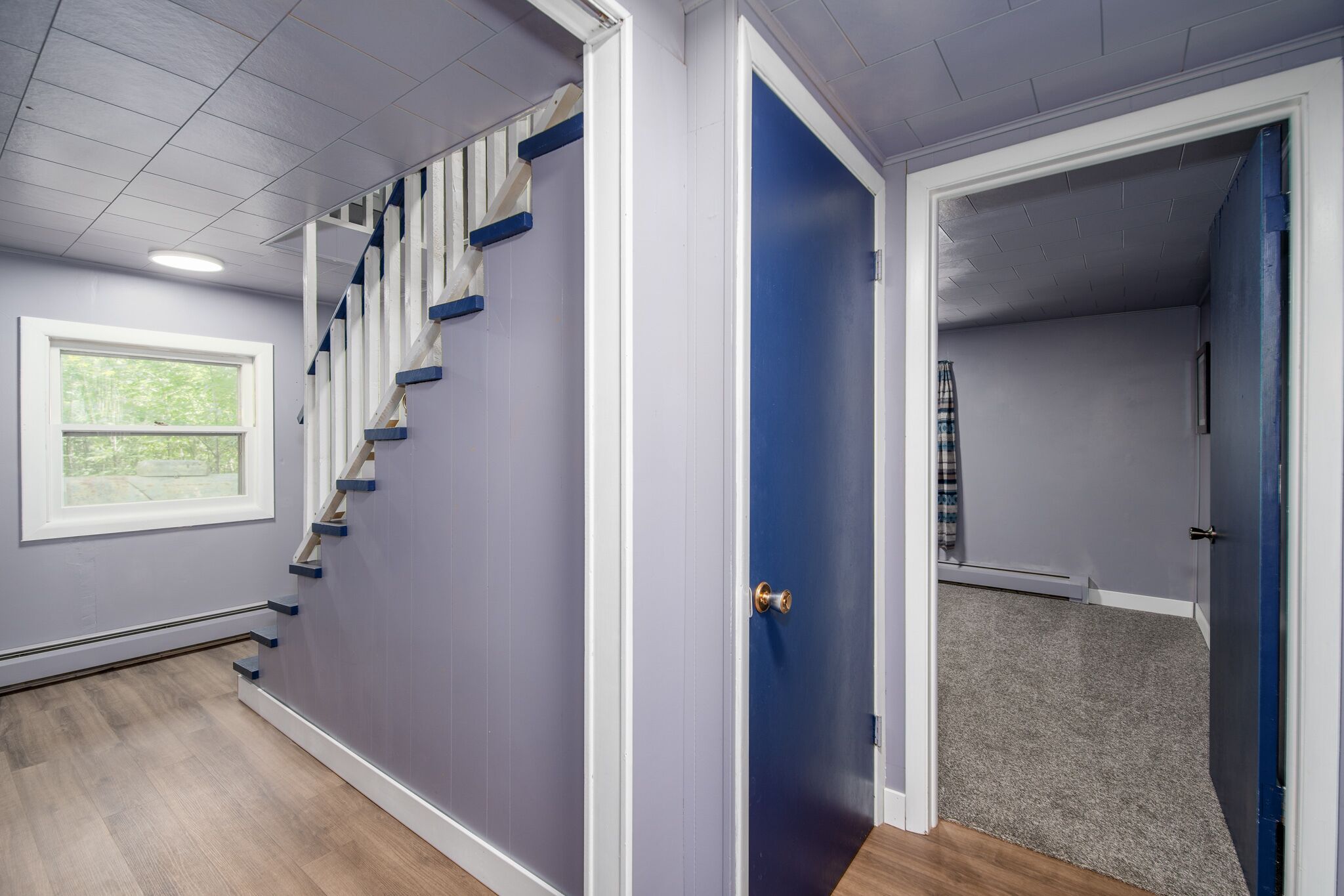A staircase with blue steps and white railings, a blue door, and a window with a view of greenery.