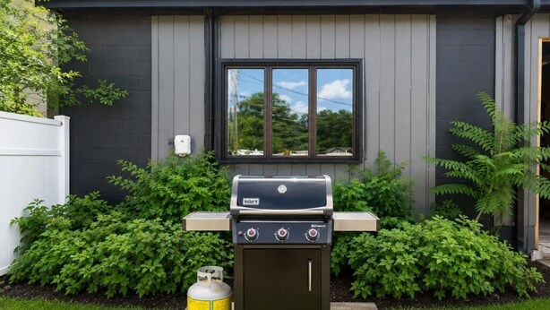 A portable Weber gas grill with a side burner, a propane tank, and a window above the grill. - Surf Shack- North Muskegon Oasis (Muskegon)