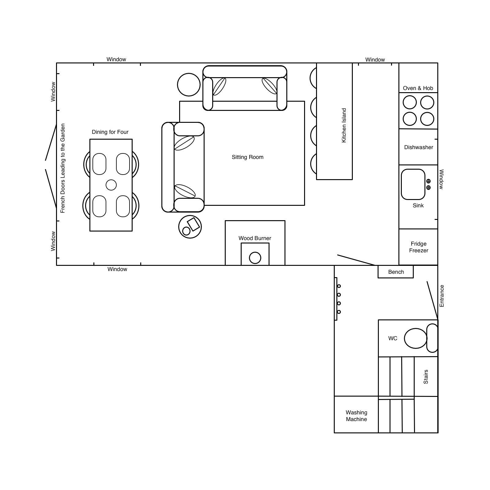 Ein Grundriss eines Hauses mit Essbereich, Wohnzimmer, Küche und WC.