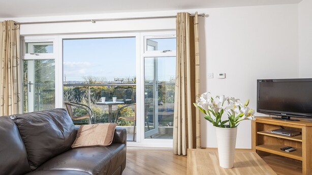 A modern living room with a leather sofa, a wooden coffee table, a TV on a wooden stand, and a balcony with a glass door.