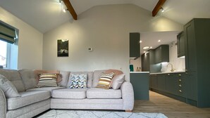 A modern living room with a grey sectional sofa, a patterned rug, and a kitchen area with dark cabinets and a white countertop.