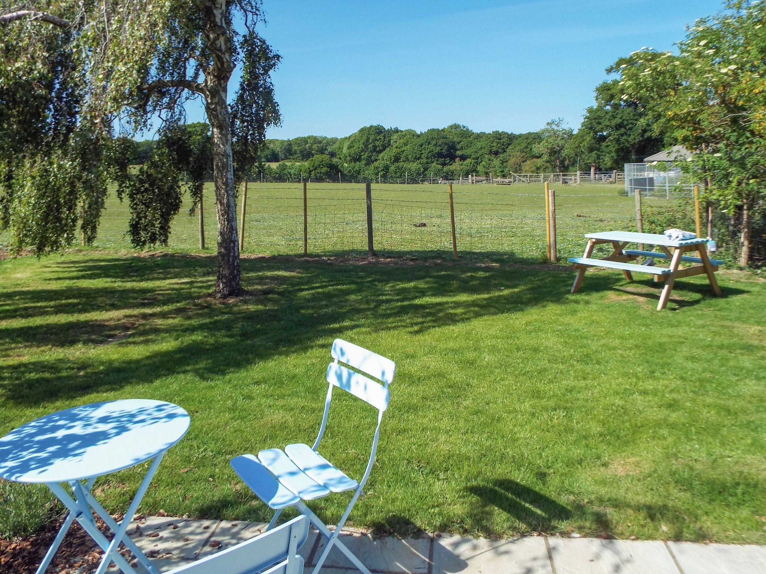 Een terras buiten met een picknicktafel en stoelen, omringd door een grasveld en bomen.