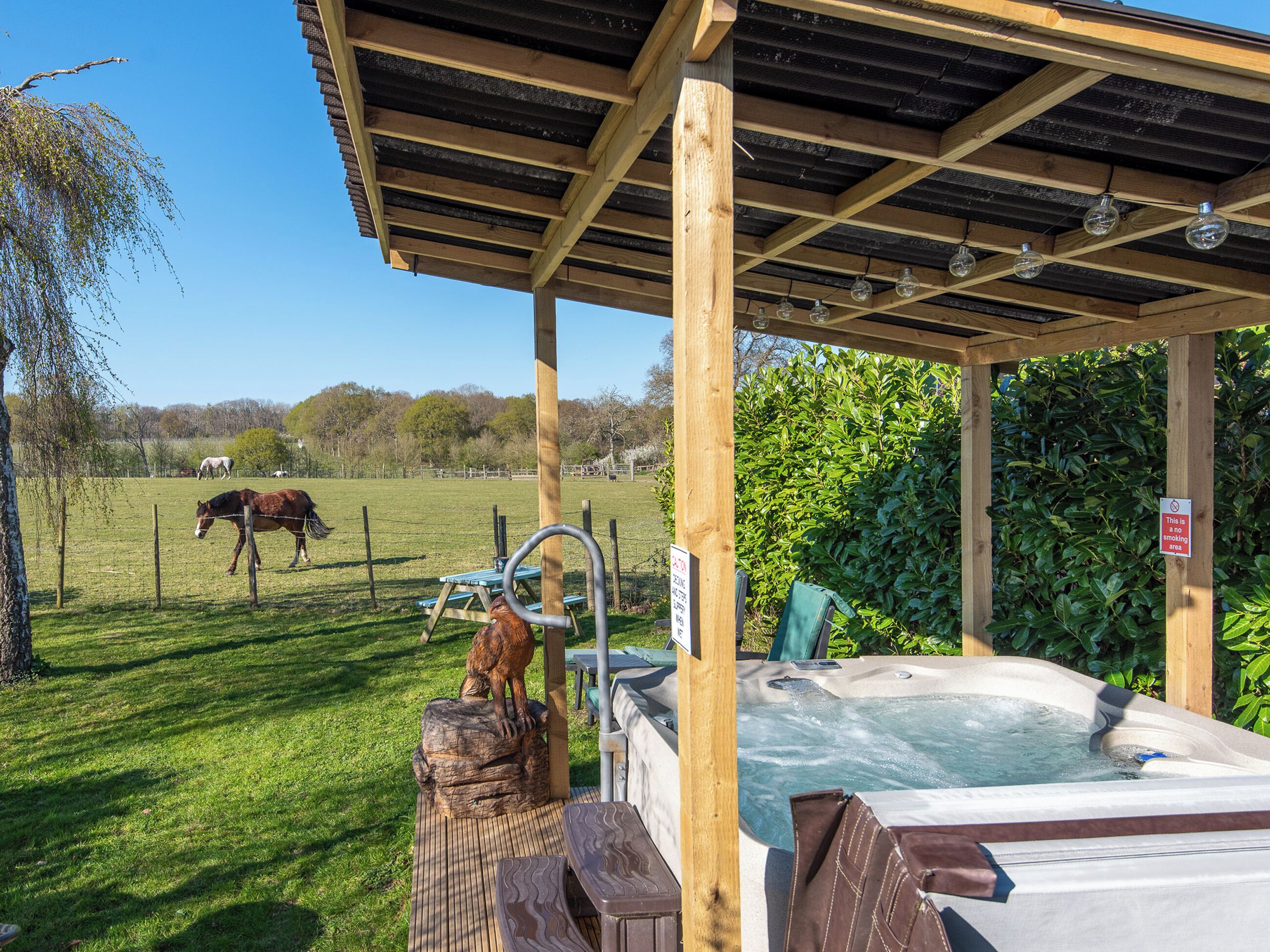 A wooden gazebo with a hot tub, a picnic table, and a horse in the background.
