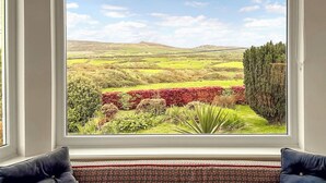 Una habitación con un ventanal grande que ofrece vistas a un paisaje verde con colinas y un arbusto rojo.