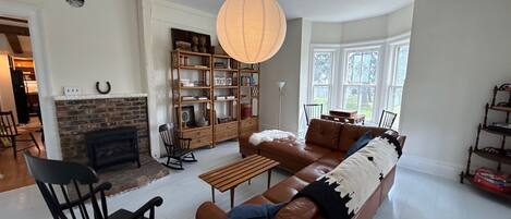 Smart TV, chimenea, libros y biblioteca musical