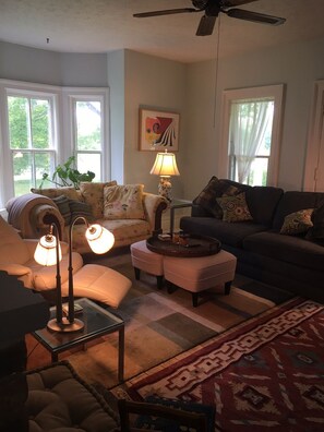 Smart TV, fireplace, books, music library