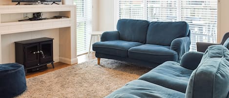 A living room with a sofa, a television, a fireplace, and a window with blinds.