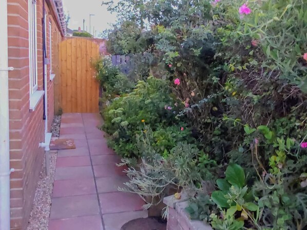 A narrow pathway leading to a wooden gate, surrounded by dense foliage and a brick wall.