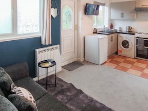 Ein kompakter Wohnbereich mit Küchenzeile, einer Couch, einem Heizkörper und einem an der Wand befestigten Fernseher.