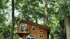 A wooden treehouse with a balcony and a staircase. - One of a kind Treehouse on the Genesee River (BELFAST)