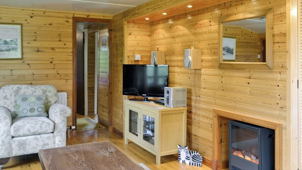 A cozy living room with wooden walls, a flat-screen TV, a fireplace, and a sofa. - 2 bedroom accommodation in Nairn, Morayshire (Nairn, Morayshire)