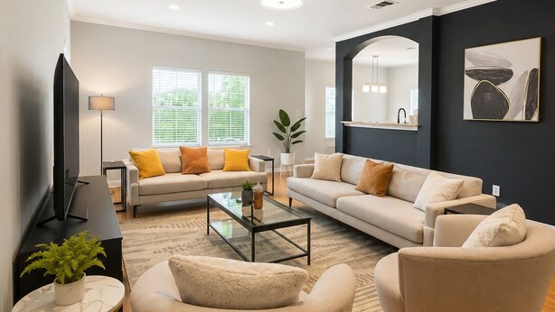 A modern living room with a sofa, armchairs, a coffee table, and a TV. - Modern South Austin Home|King Bed • Gym • Patio • Sleeps 6- Ideal for long stays (Austin)