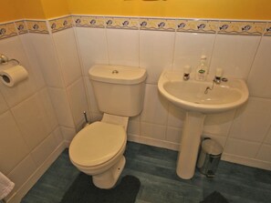 A bathroom with a toilet, sink, and a roll of toilet paper on the wall. - 1 bedroom accommodation in Bowden, Newton St Boswells (Bowden, Newton St Boswells)