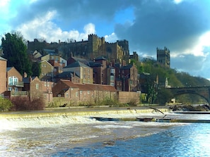 Eine Stadt am Flussufer mit historischen Gebäuden, einer Burg im Hintergrund und einer Brücke.