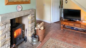 Un salon chaleureux avec une cheminée en pierre, un téléviseur posé sur un meuble en bois et un tapis à motifs sur le sol.