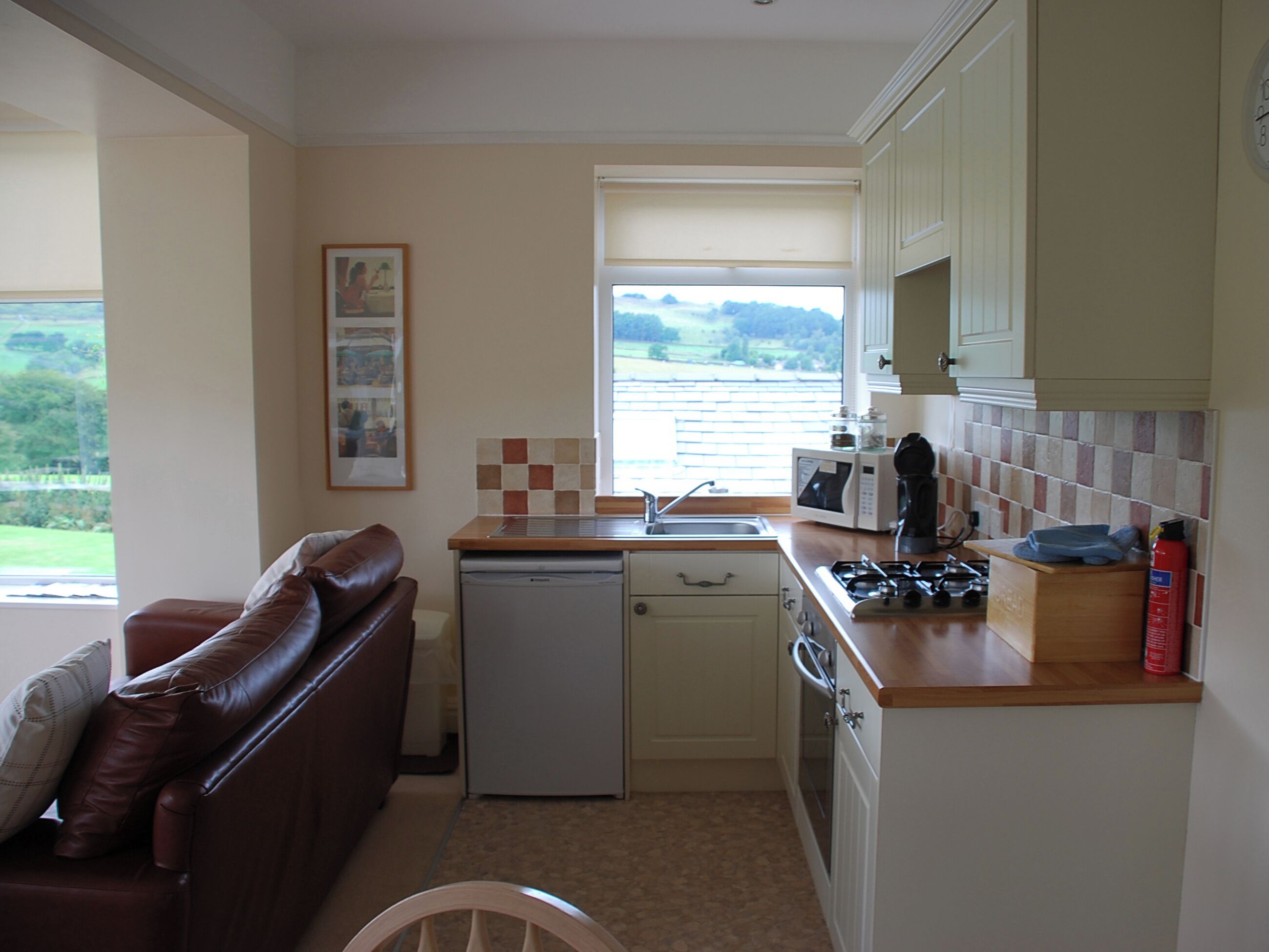 A compact kitchen with a dishwasher, microwave, stove, and a window with a view of greenery.
