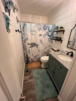 Combined shower/bathtub, hair dryer, towels