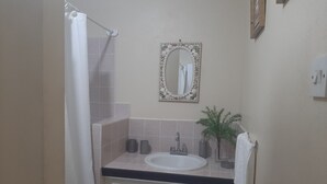 Regadera, toallas, jabón, papel de baño
