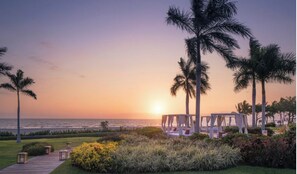 Relax in a serene beachfront setting with ocean views, lounge chairs, and lush greenery.