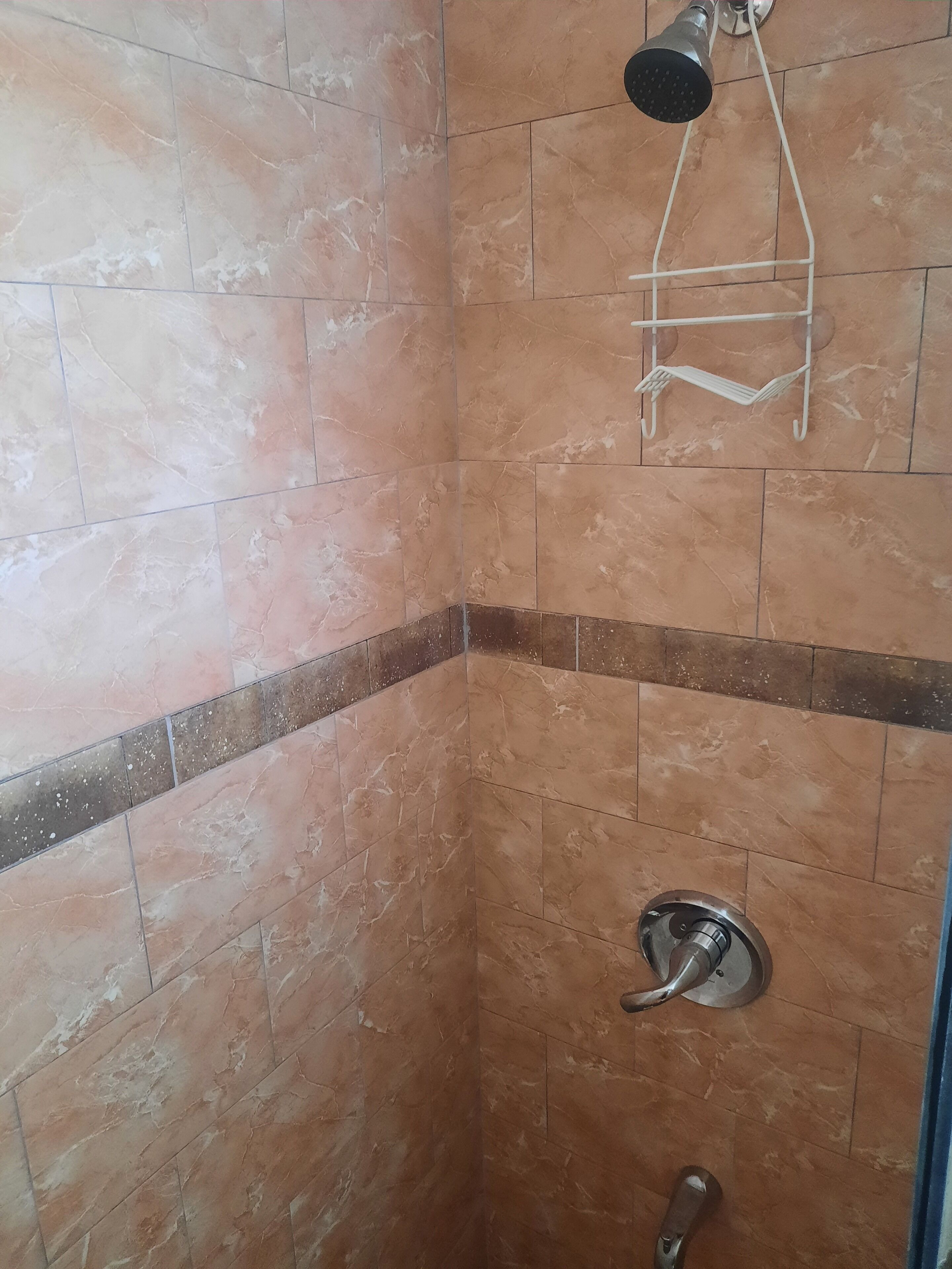 A shower area with a wall-mounted showerhead and a handheld shower attachment.
