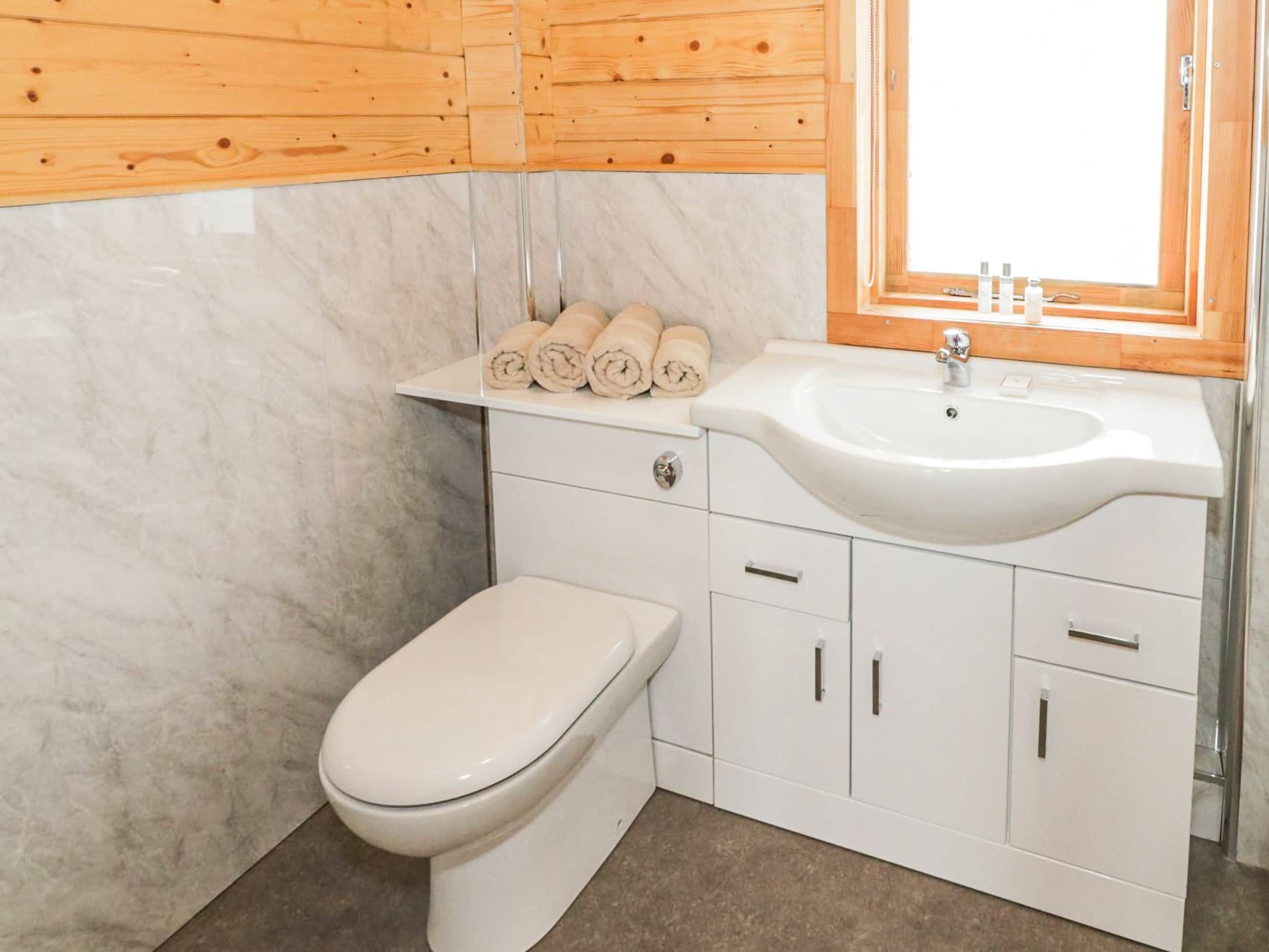 A bathroom with a toilet, a sink, and wooden cabinets.