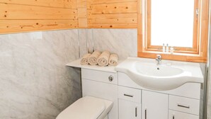 A bathroom with a toilet, a sink, and wooden cabinets. - 2 bedroom accommodation in LLANFAIRPWLLGWYNGYLL (LLANFAIRPWLLGWYNGYLL)
