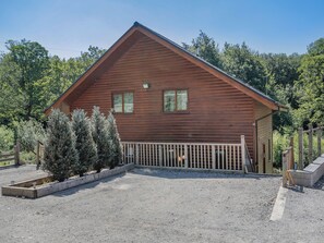 A wooden cabin with a fenced driveway, surrounded by trees.