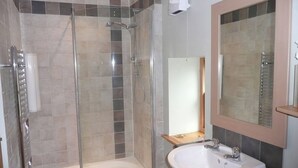 A modern bathroom with a glass-enclosed shower, a white sink, and a mirror.