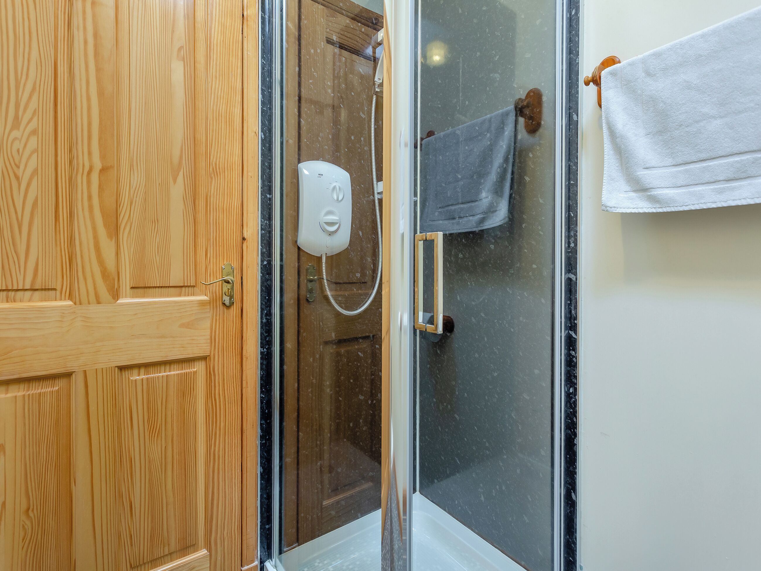 A wooden door leading to a glass shower area with a towel rack and a white towel.