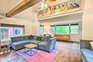 TV, fireplace, books, video library