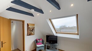 Une chambre avec un plafond en pente, un puits de lumière, un lit, une télévision, une chaise et un tableau.