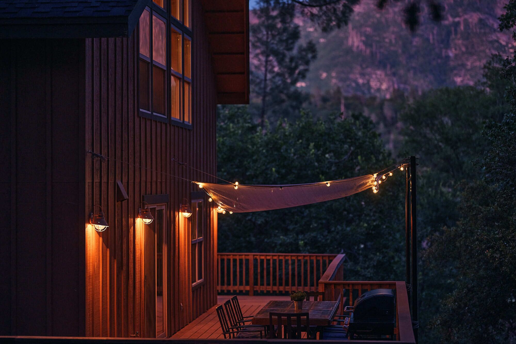 Our dual purpose canopy provides shade during the day and is lit by solar bulbs.