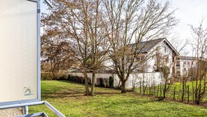 A residential area with a house, trees, and a fence.