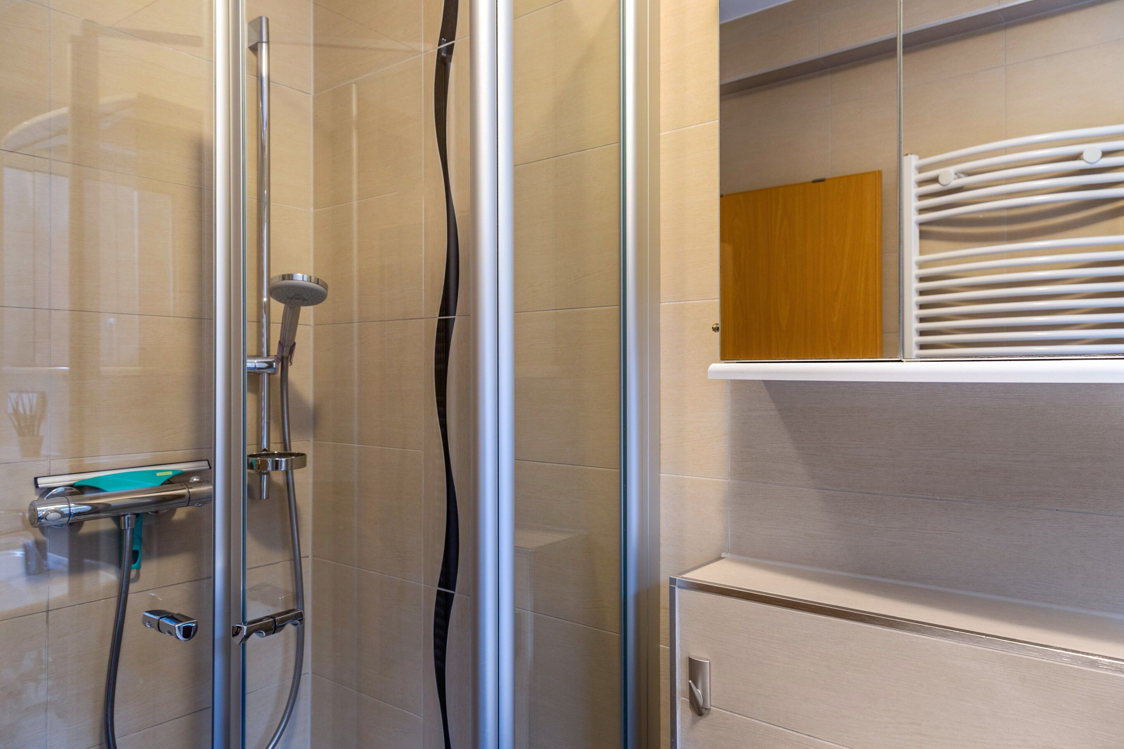 Shower, free toiletries, hair dryer, towels