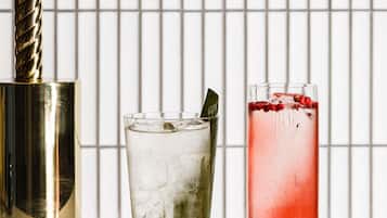 A cocktail shaker, a glass with ice and a straw, and a tall glass with a red drink and berries.