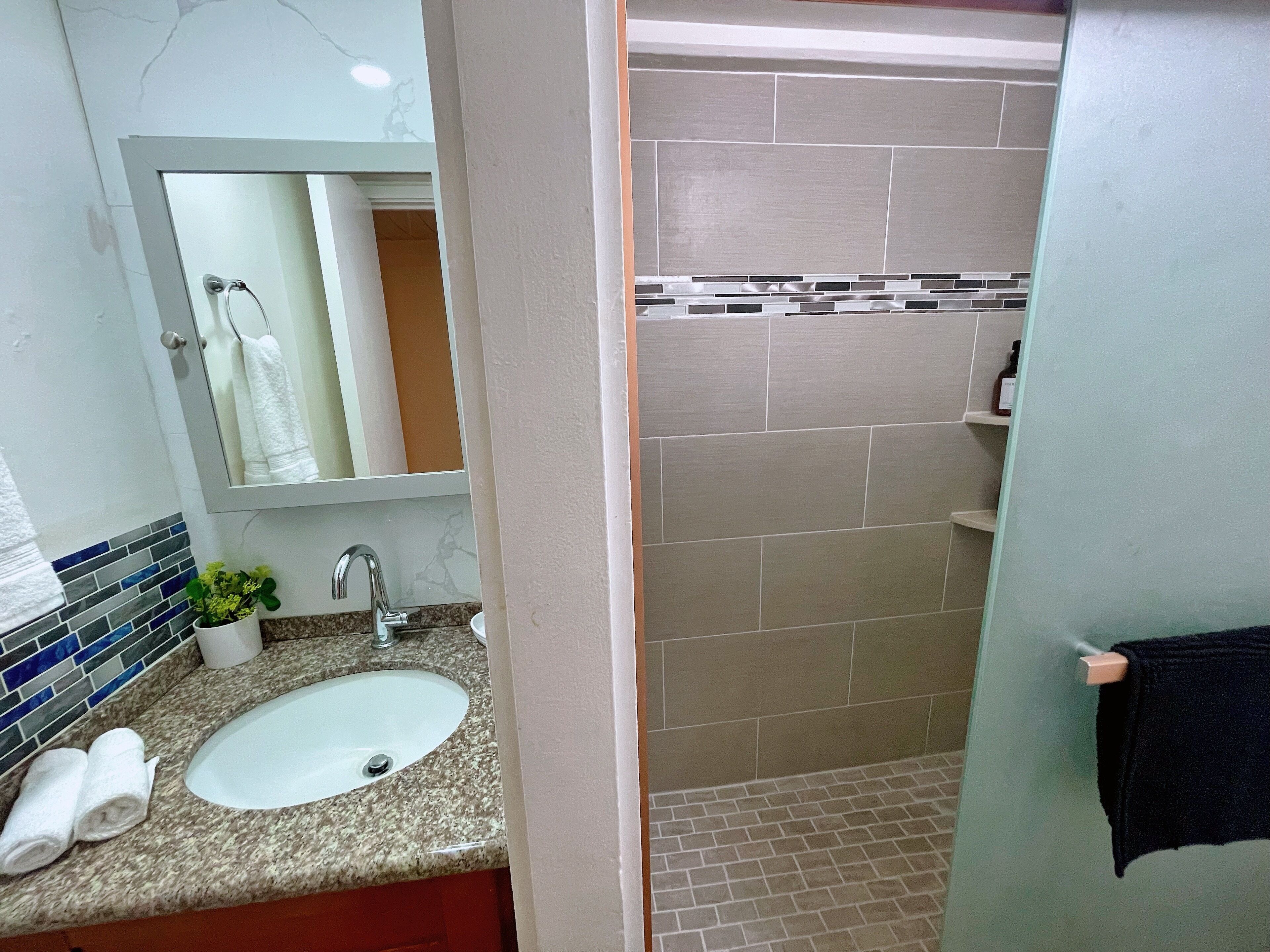 Shower, hair dryer, towels, shampoo