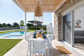 Outdoor dining - New Brand Villas,Heating Pool, Jacuzzi ,Spa near haraki beach,taverna,market  (RHODES)